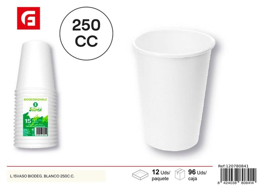 [120780841] Vaso biodegradable blanco 250cc 15 unidades para fiestas eco-friendly