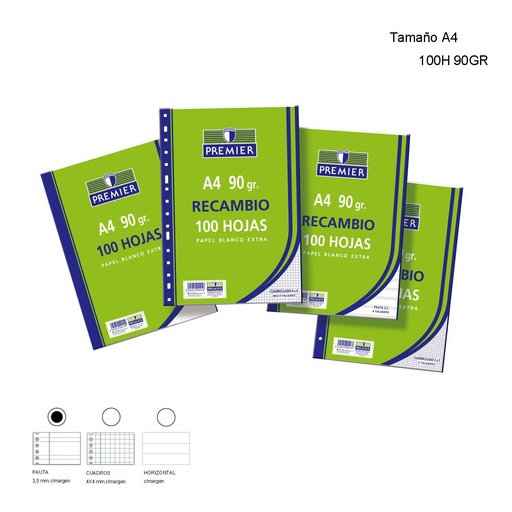 [A000250] Recambio de papel A4 90gr 100h pauta 3,5mm para cuadernos