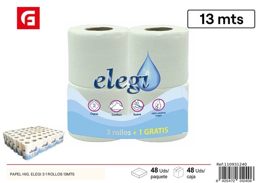 [110931240] Papel higiénico Elegi 3+1 rollos 13mts