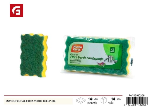 [113910206] Esponja de cocina con fibra verde MUNDOFLORAL 3 unidades para limpieza