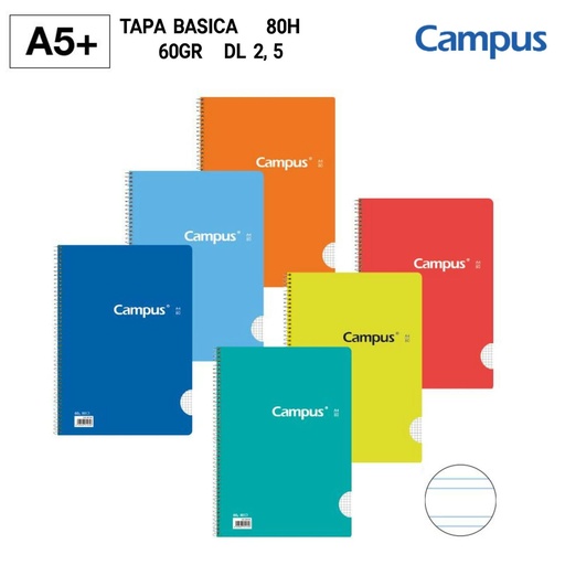 [A001095] BLOC ESPIRAL A5+ 80H 60GR DL 2,5 - Cuaderno de espiral con cubierta blanda