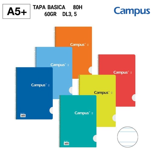 [A001096] BLOC ESPIRAL A5+ 80H 60GR DL 3,5 - Cuaderno de espiral con cubierta blanda