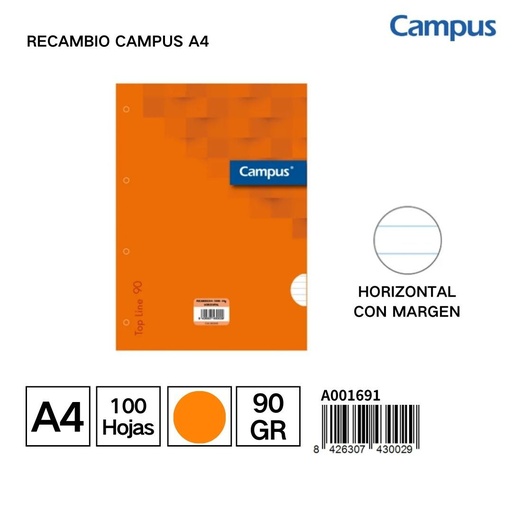 [A001691]  Recambio de papel A4 de 100 hojas 90g rayado en naranja - Artículos de escritura