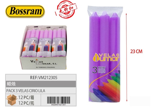 [VM212305] Pack de 3 velas cirio lila decorativas y aromáticas