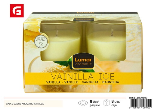 [111809100] Caja con 2 velas aromáticas de vainilla en vaso para ambientación