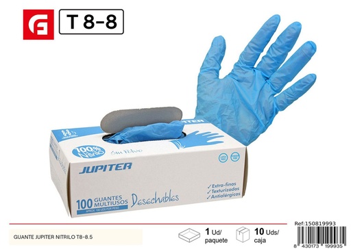 [150819993] Guante Jupiter nitrilo azul S/P caja 100uds T-8 - Equipos de protección