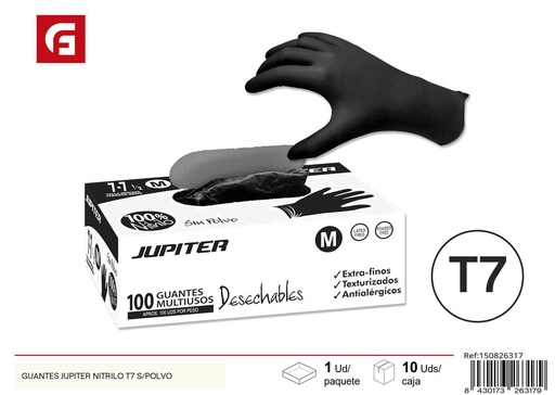 [150826317] Guantes de nitrilo Jupiter negro S/P caja 100uds T-7 - Guantes de protección