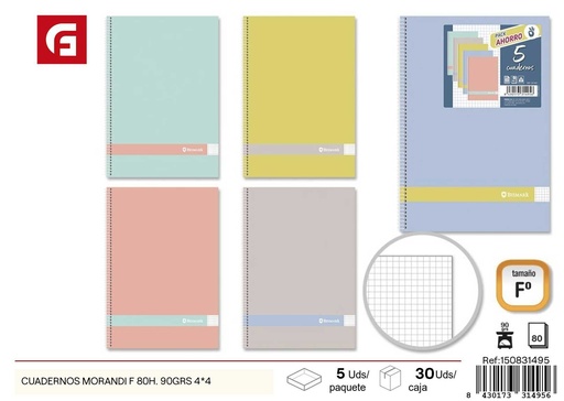 [150831495] Cuadernos morandi A4 80 hojas 90 gramos 4x4 - Paquete de 5 cuadernos de diseño