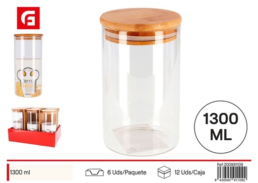 [200991109] Tarro borosilicato 1300ml con tapa de bambú para almacenamiento