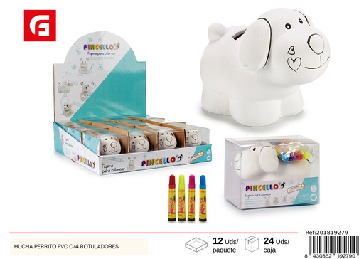 [201819279] Hucha perrito PVC con 4 rotuladores para colorear y ahorrar