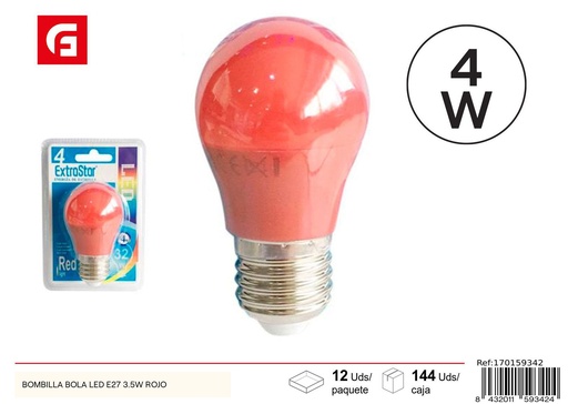 [170159342] Bombilla bola LED E27 3.5W rojo - Iluminación LED