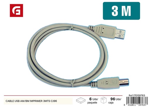 [170159763] Cable USB AM/BM impresora 3 metros para conexión de dispositivos