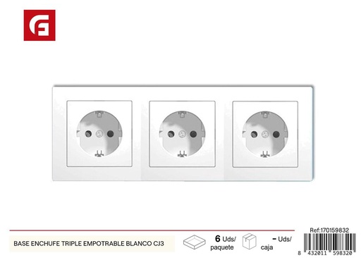 [170159832] Base de enchufe triple empotrable blanco CJ3 para instalaciones eléctricas