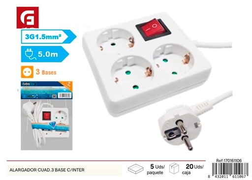 [170161106] Alargador cuadrado 3 bases con interruptor - Suministros eléctricos