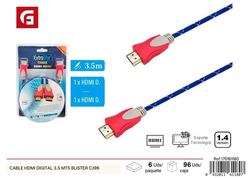 [170161180] Cable HDMI digital 3.5mts blister CJ96 para conexión de dispositivos