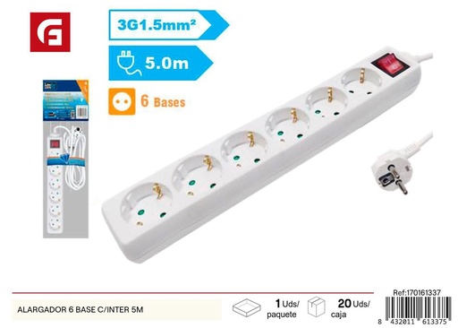 [170161337] Alargador 6 bases con interruptor 5m para electricidad y enchufes