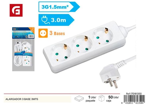 [170161350] Alargador con 3 bases y cable de 3 metros para conexiones múltiples