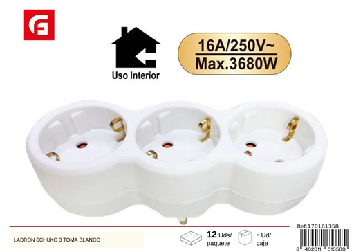 [170161358] Adaptador Schuko 3 tomas blanco - Productos eléctricos
