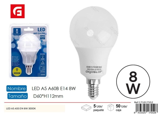 [171017552] Bombilla LED A60 E14 8W 3000K - Iluminación LED