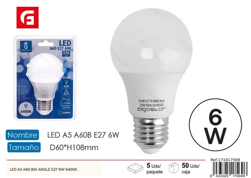 [171017569] Bombilla LED A60 E27 6W 6500K para iluminación