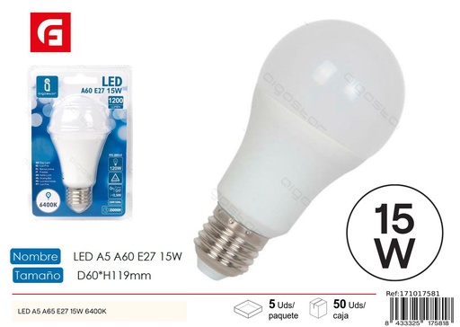 [171017581] Bombilla LED A60 E27 15W 6500K - Iluminación LED