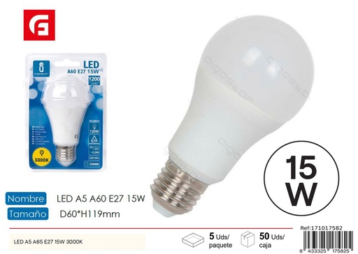 [171017582] Bombilla LED A60 E27 15W 3000K - Iluminación eficiente