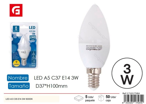 [171017584] Bombilla LED C37 E14 3W 3000K - Iluminación