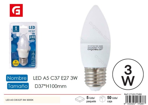 [171017588] Bombilla LED C37 E27 3W 3000K para iluminación cálida