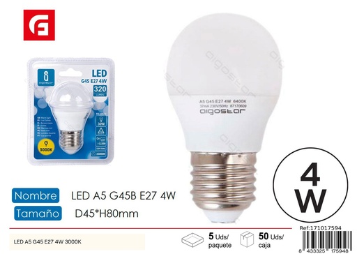 [171017594] Bombilla LED G45 E27 4W 3000K - Iluminación LED