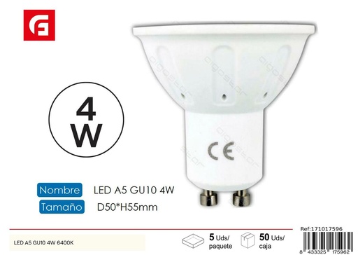 [171017596] Lámpara LED GU10 4W 6500K 320LM para iluminación