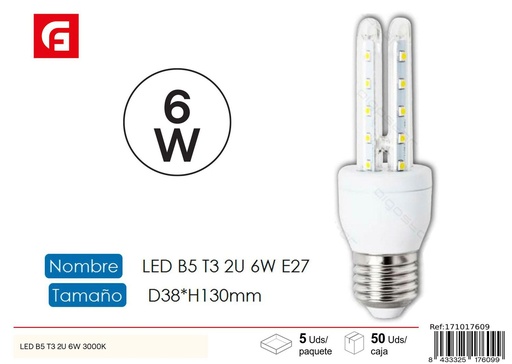 [171017609] Bombilla LED en forma de U 2U E27 6W 3000K para iluminación