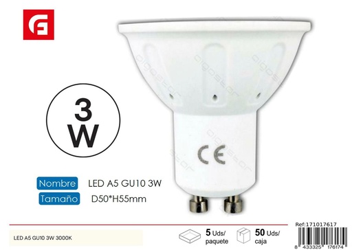 [171017617] Bombilla LED GU10 3W 3000K 240lm para iluminación