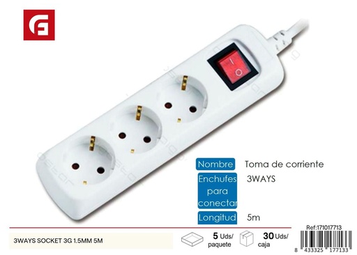 [171017713] Regletas 3 vías socket 3G 1.5 mm 5 m - Suministros eléctricos