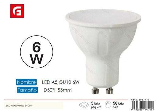 [171017776] Bombilla LED GU10 6W 6500K 480LM para iluminación