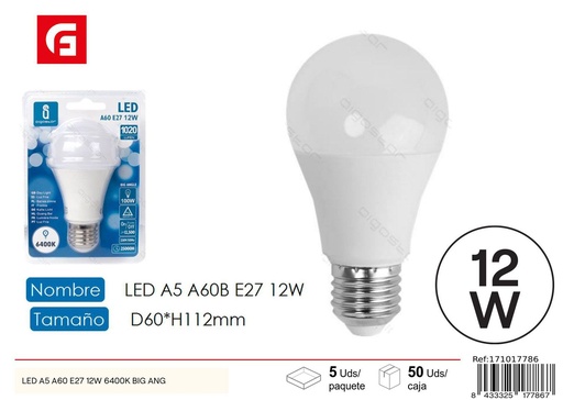 [171017786] Bombilla LED A60 E27 12W 6500K para iluminación