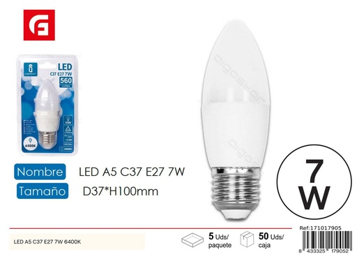 [171017905] Bombilla LED C37 E27 7W 6500K para iluminación