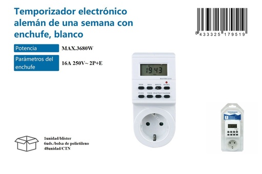 [171017951] Temporizador electrónico semanal con enchufe, blanco