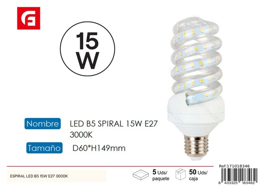 [171018346] Bombilla LED Espiral E27 15W 3000K - Iluminación y ahorro energético