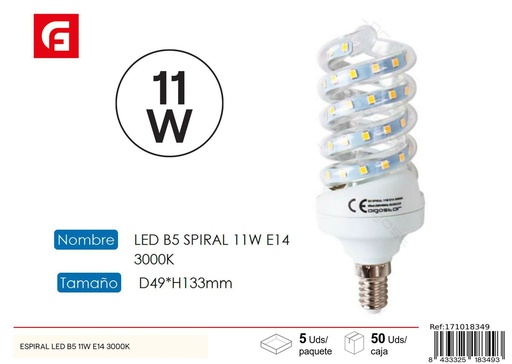 [171018349] Bombilla LED espiral E14 11W 3000K para iluminación