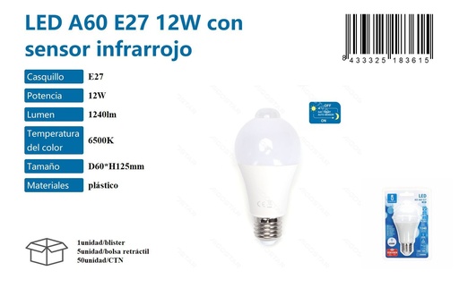 [171018361] Bombilla LED A60 E27 12W con sensor infrarrojo 6500K