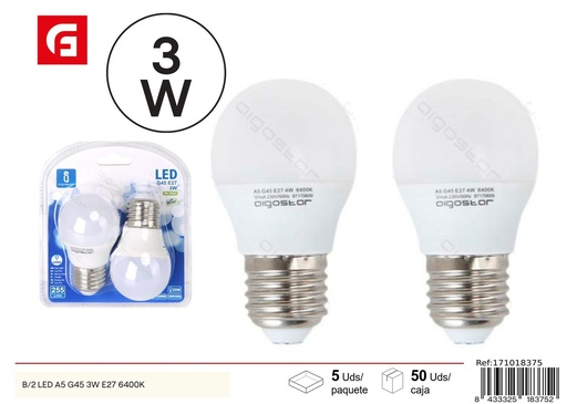 [171018375] Bombilla LED G45 E27 3W 2 piezas 6500K - Iluminación LED