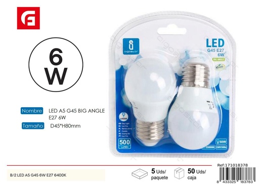 [171018378] Bombilla LED G45 6W 6500K 2 piezas - Iluminación eficiente