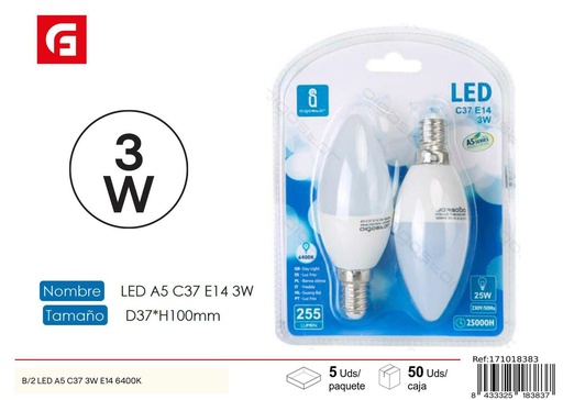 [171018383] Bombilla LED C37 E14 3W 2 piezas 6500K - Iluminación LED