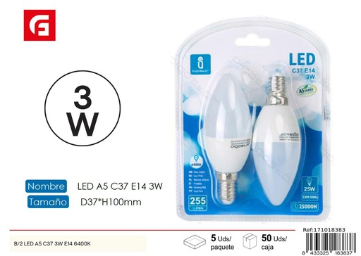 [171018383] Bombilla LED C37 E14 3W 6500K 2pcs para iluminación