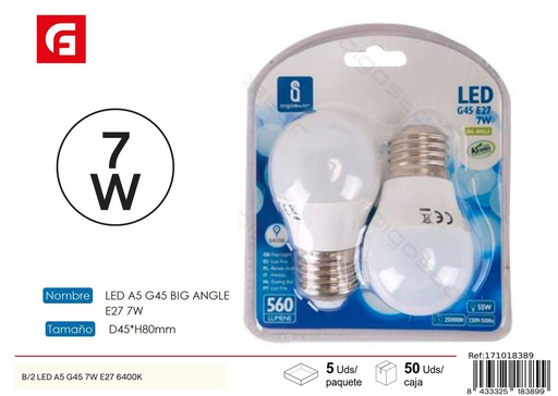 [171018389] Bombilla LED G45 E27 7W 2 piezas 6500K - Iluminación