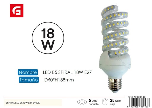 [171018448] Bombilla LED espiral E27 18W 6500K para iluminación eficiente