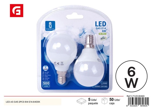 [171018460] Bombilla LED G45 E14 6W 2 piezas 6500K para iluminación del hogar