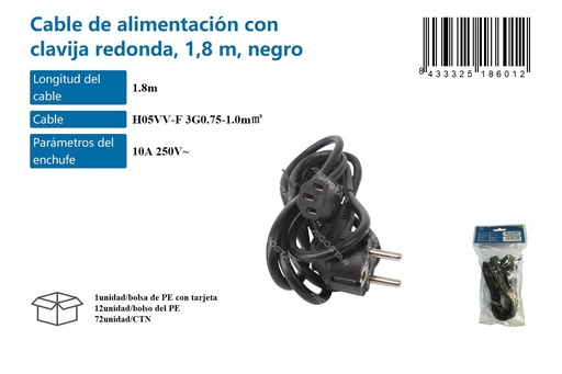 [171018601] Cable de alimentación con clavija redonda 1.8m negro para suministros eléctricos