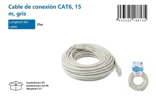 [171018613] Cable de conexión Cat6 15 metros gris para redes y datos