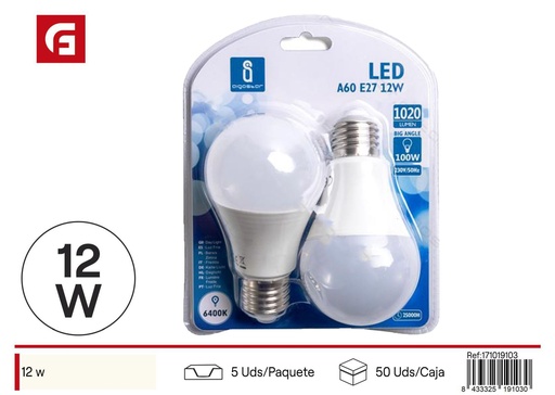 [171019103] Bombilla LED A60 E27 12W 2 piezas 6500K de bajo consumo